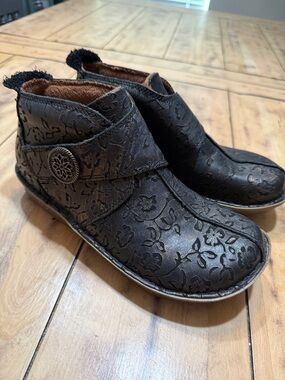 Alegria Bronze Floral-Embossed Ankle Booties